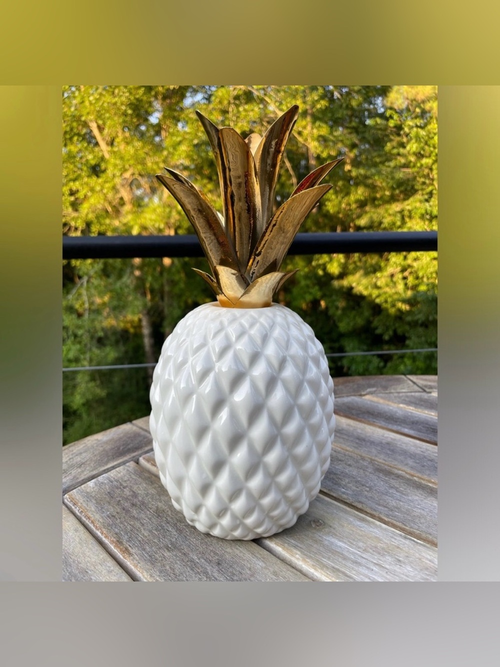 White Ceramic Pineapple Figurine Accent with Gold Metal Top Leaves 10"